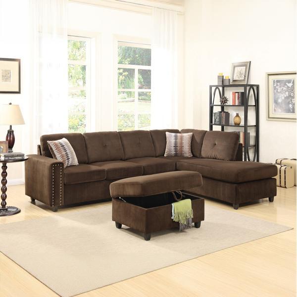 Belville 78 in. Reversible Sectional Sofa with 2 Pillows - Chocolate Velvet - Wood Frame 