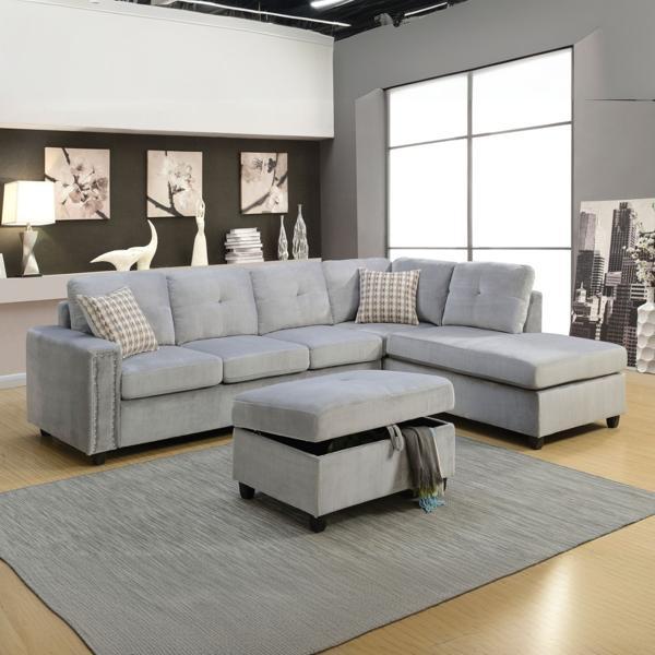 Belville 78 in. Reversible Sectional Sofa with 2 Pillows - Gray Velvet - Wood Frame 