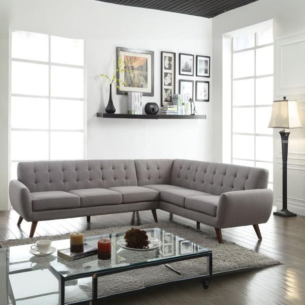 Essick Sectional Sofa - Light Gray Linen - Brown Wood Legs 