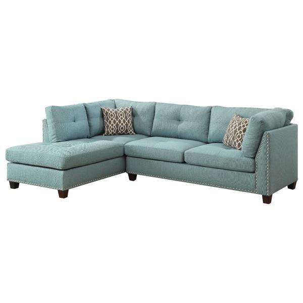 Laurissa Sectional Sofa and Ottoman W - 2 Pillows - Light Teal Linen - Espresso Finish Wood Leg 