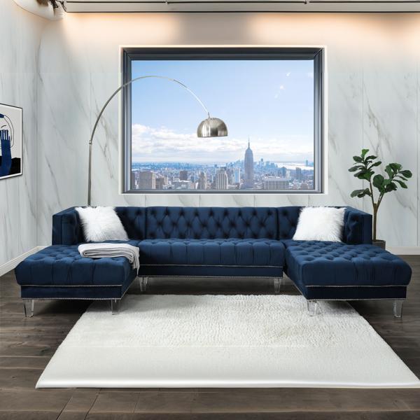 Ezamia Sectional Sofa with 2 Pillows - Navy Blue Velvet - Acrylic Legs 