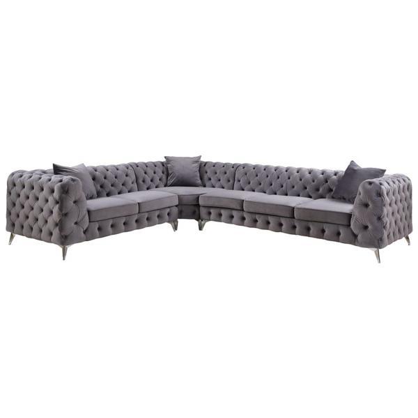 Wugtyx Sectional Sofa with 3 Pillows - Dark Gray Velvet - Metal Legs 