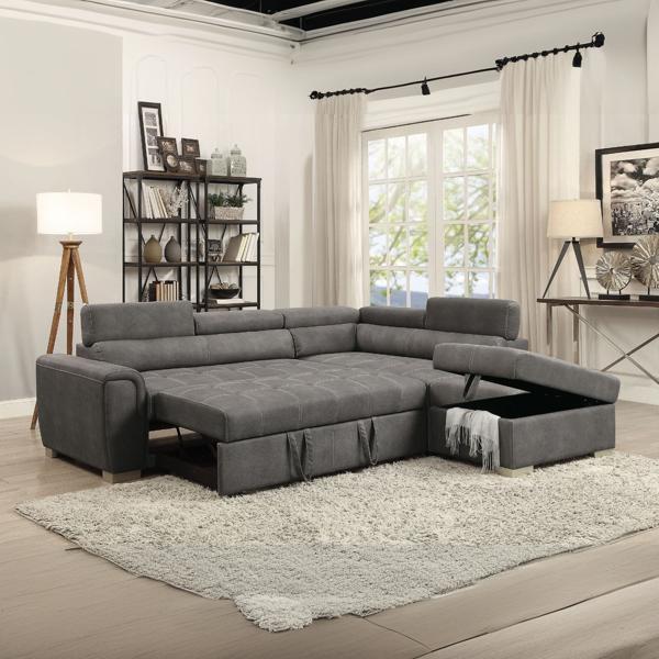 Thelma Sectional Sofa with Pull-Out Bed - Gray Polished Microfiber - Silver Finish Legs 