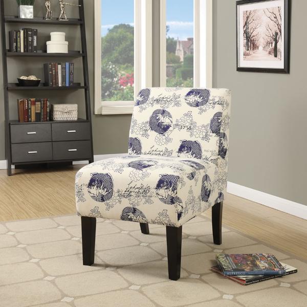 Ollano Accent Chair with Pattern Fabric - Dark Blue Fish - Dark Brown Wood Leg 