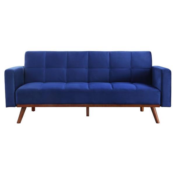 Tanitha Adjustable Sofa - Blue Velvet - Natural Finish Frame 