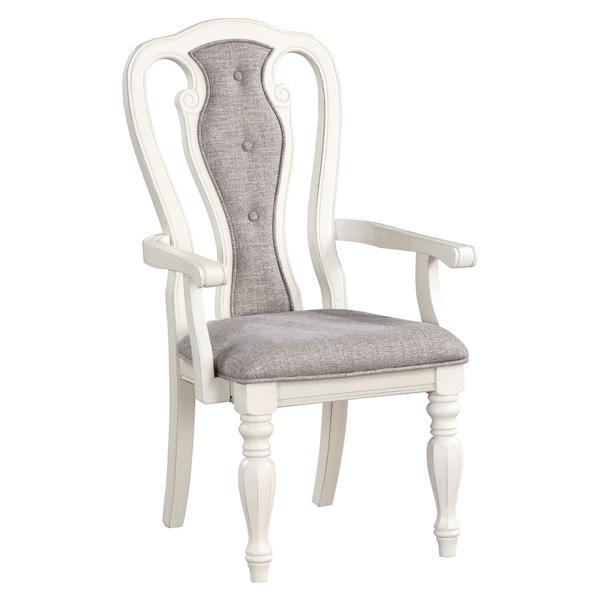 Florian Arm Chair - Gray Fabric - Antique White Finish - Set of 2 