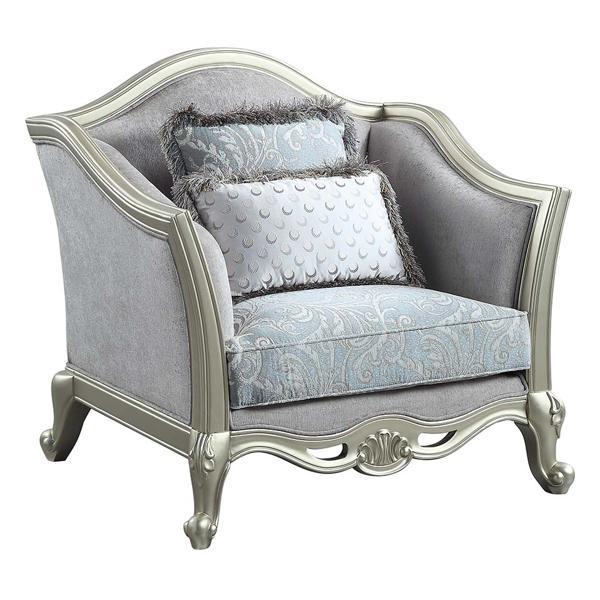 Qunsia Chair with 2 Pillows - Light Gray Linen and Champagne Finish 
