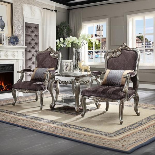 Picardy Arm Chair with Left Facing Cut - Out Scrolled Leaf Motif - Velvet - Antique Platinum Finish Frame 