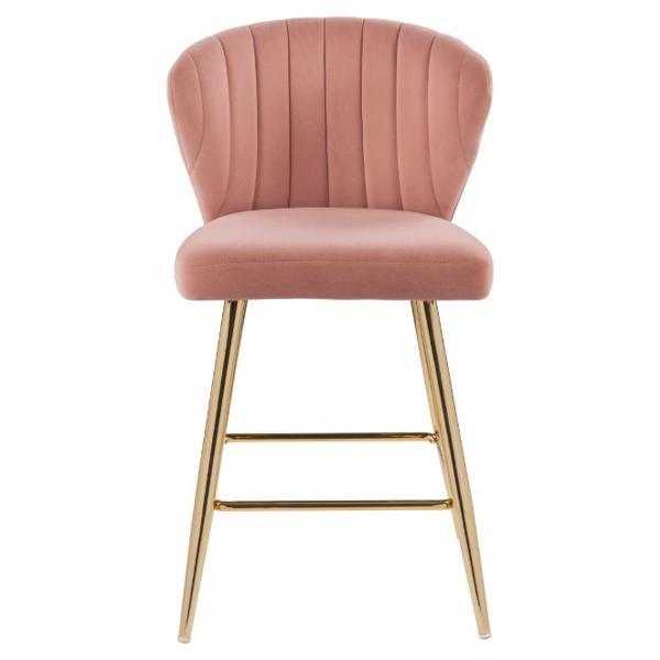 Rizgek Counter Height Chair with Metal Footrest - Pink Velvet - Gold Finish Legs 