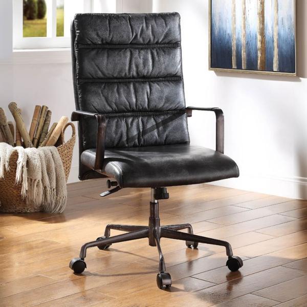 Jairo Office Chair - Vintage Black Top Grain Leather - Antique Finish Metal Frame 