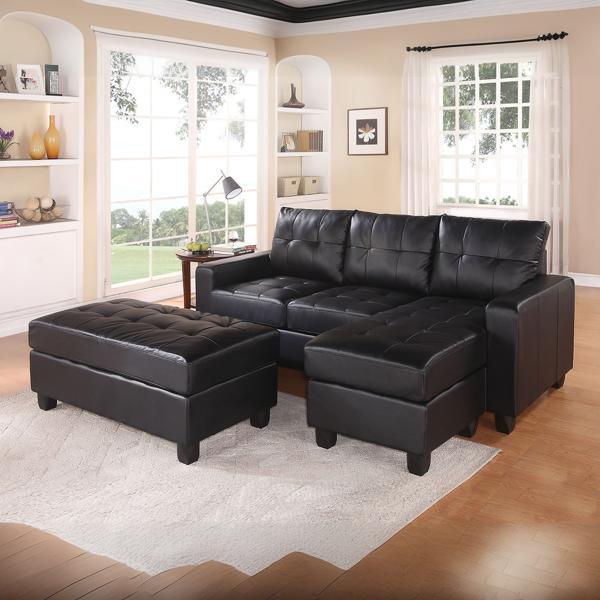 Lyssa Sectional Sofa and Ottoman - Black Bonded Leather Match - Reversible Chaise 