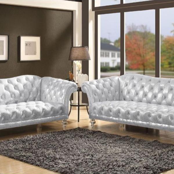 Dixie Sofa - Metallic Silver Fabric - Clear Acrylic Turned Bun Leg 
