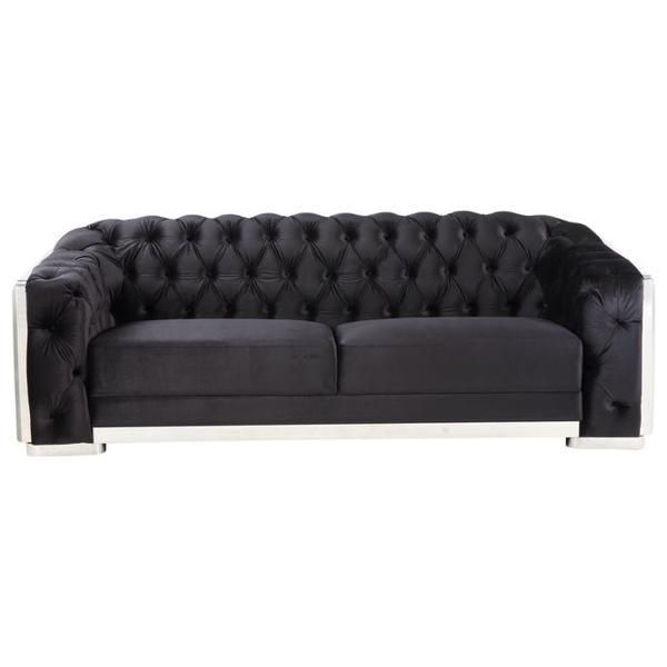 Pyroden Sofa - Black Velvet - Chrome Finish Metal Trim 