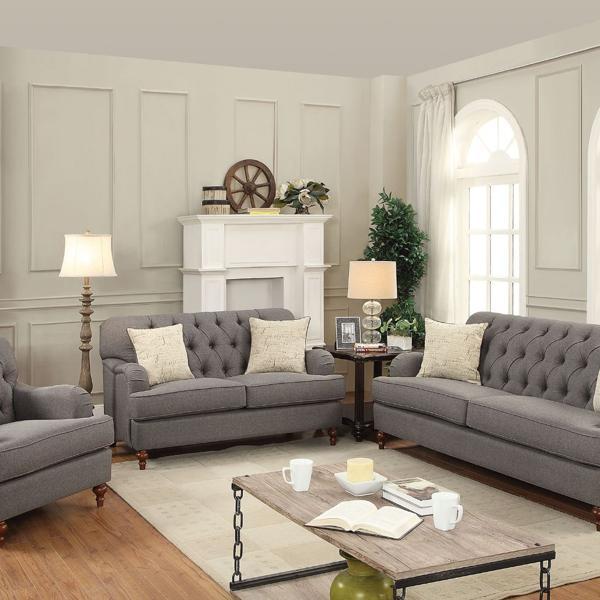Alianza Sofa with 2 Pillows - Dark Gray Fabric - Oak Wood Bun Legs 