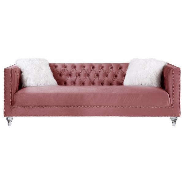 Heibero II Sofa with 2 Pillows - Pink Velvet and Faux Diamond Trim - Acrylic Turned Legs 