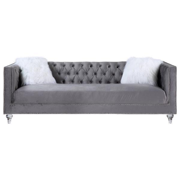 Heibero II Sofa with 2 Pillows - Gray Velvet and Faux Diamond Trim - Acrylic Turned Legs 