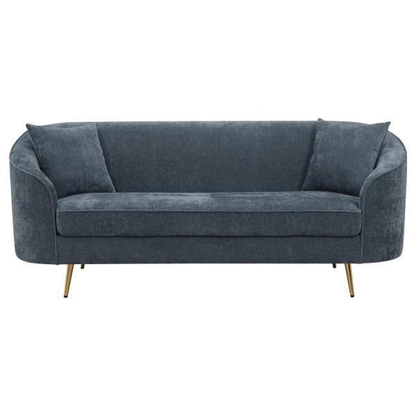 Nakendra Sofa with 2 Pillows - Cobalt Gray Chenille - Gold Metal Legs 