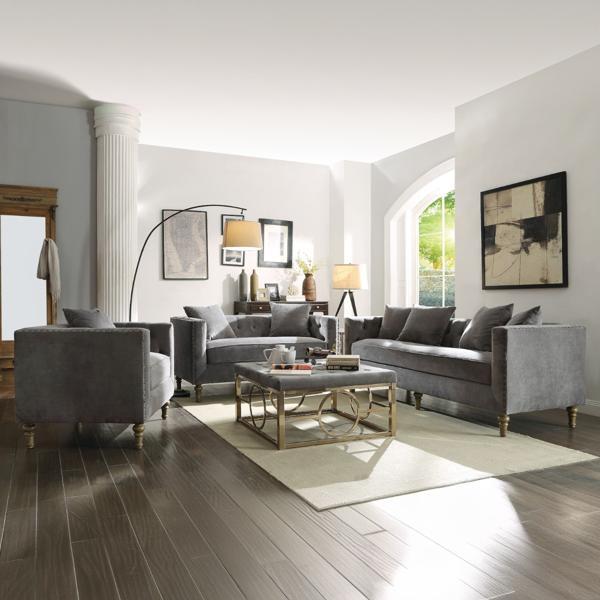 Sidonia Sofa with 4 Pillows - Gray Velvet - Antique Wood Turned Leg 