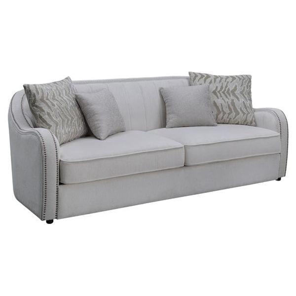 Mahler Sofa with 4 Pillows - Beige Linen - Nailhead Trim 