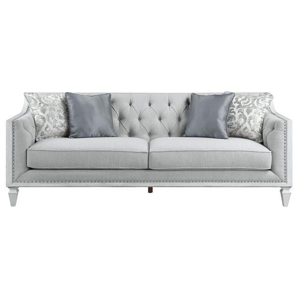 Katia Sofa with 4 Pillows - Light Gray Linen and Weathered White Finish 