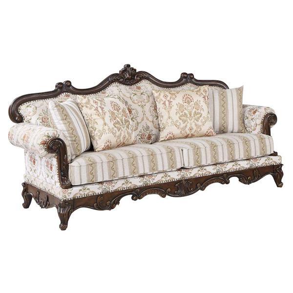 Nayla Sofa with 4 Pillows - Pattern Fabric - Cherry Finish Legs 