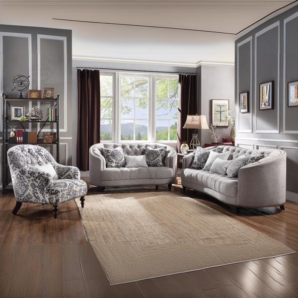 Saira Sofa with 5 Pillows - Light Gray Fabric - Chocolate Finish Wooden Turned Legs 