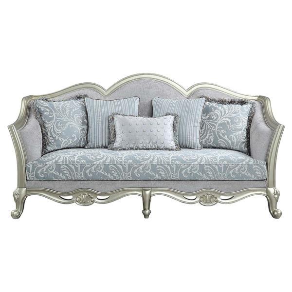 Qunsia Sofa with 5 Pillows - Light Gray Linen and Champagne Finish Legs 