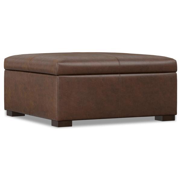 Tavistock 36" Square Coffee Table Ottoman - Chestnut Brown Faux Leather - Lift-Up Lid 