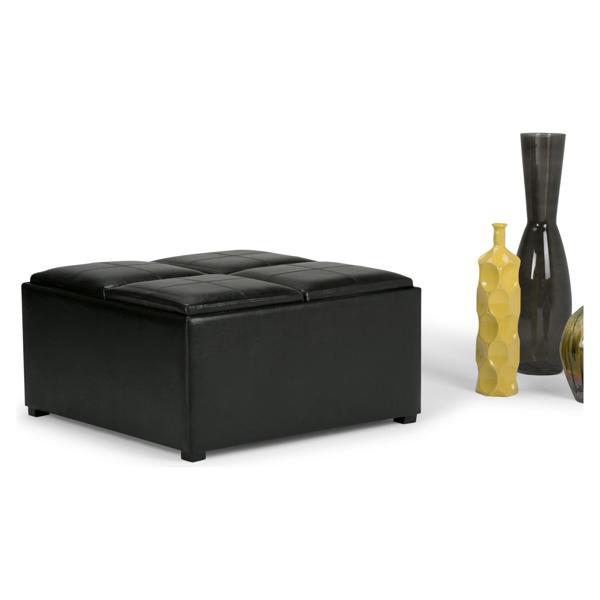 Quintessence Avalon Square Ottoman - Midnight Black Faux Leather - Interior Storage - Serving Trays 