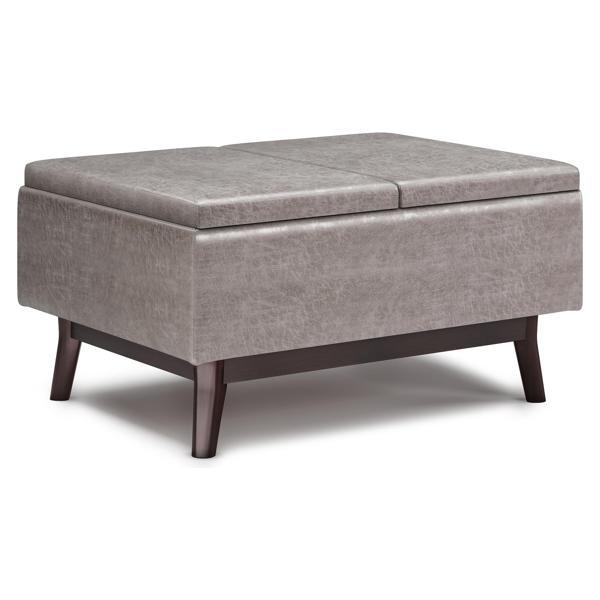 Jardinixa Owen Ottoman Coffee Table - Distressed Gray Faux Leather - Storage and Serving Trays 