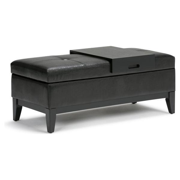 Vallenci 21.1"L x 42.3"W Storage Ottoman Bench with Tray - Midnight Black Faux Leather 
