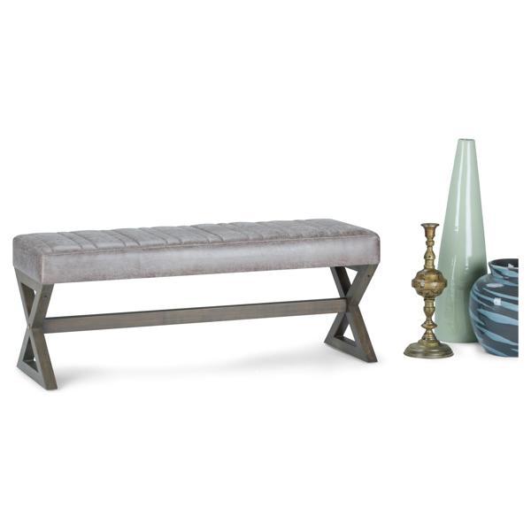 Terra Veda Salinger Large Ottoman Bench - Quilted - Distressed Gray Taupe Faux Leather 