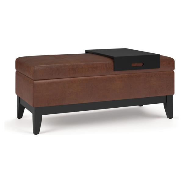 Eastonview Oregon Storage Ottoman Bench with Tray - Distressed Saddle Brown Faux Leather 