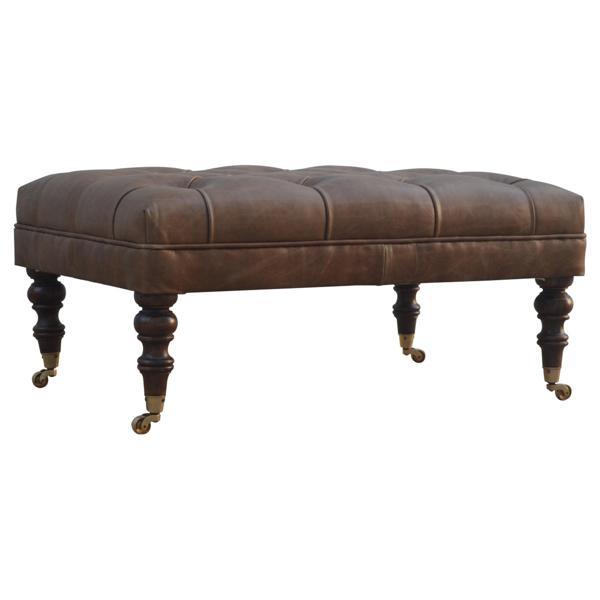 Thalara Solid Wood Ottoman - Brown Buffalo Leather - Deep Button Tufted 