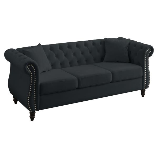 Zephyroni Chesterfield 80" Sofa - Black Velvet - Tufted - Nailhead Trim 
