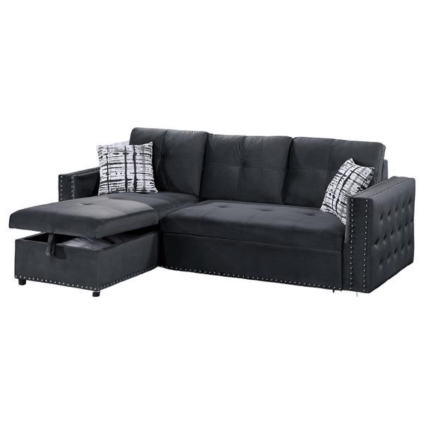 F8540-ID-AHD 90" Sectional Sofa - Black Velvet - Reversible Storage Chaise - Pull-out Bed 