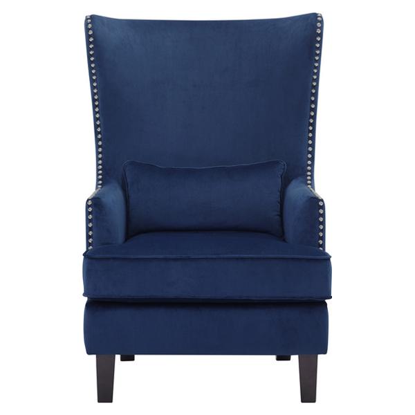 Tonier High Wing Back Accent Chair with Solid Wood Frame - Blue Velvet Fabric - Espresso Finish Legs 