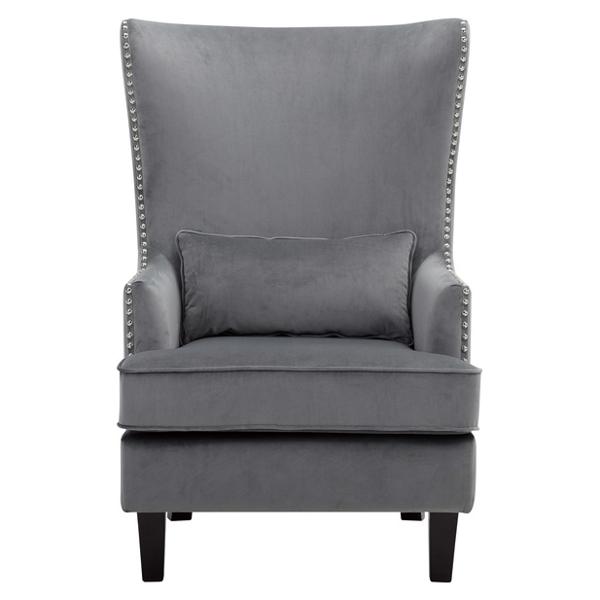 Tonier Accent Chair with Solid Wood Frame - Gray Velvet Fabric - Espresso Finish Legs 