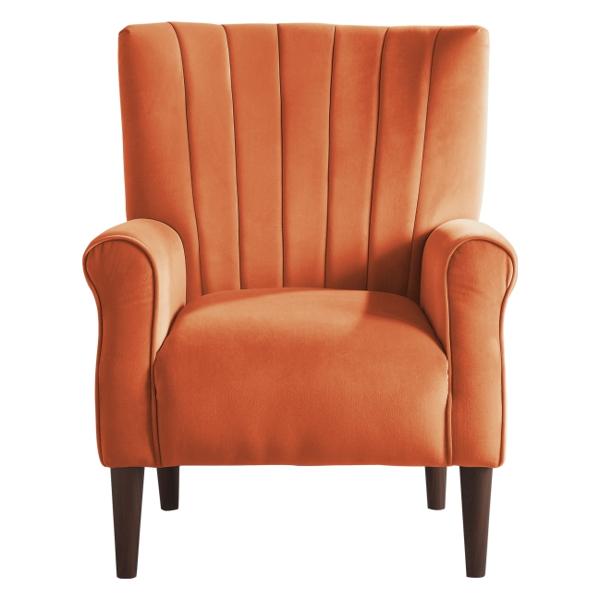 Urielle Accent Chair with Solid Wood Frame - Orange Velvet Fabric - Dark Brown Finish Legs 