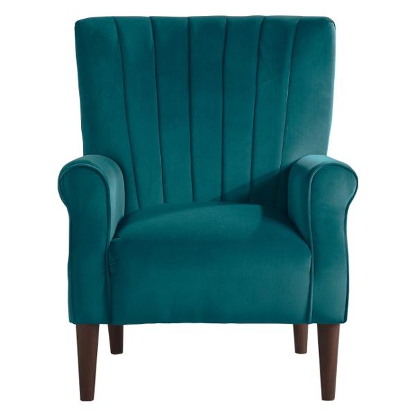 Urielle Accent Chair with Solid Wood Frame - Teal Velvet Fabric - Dark Brown Finish Legs 