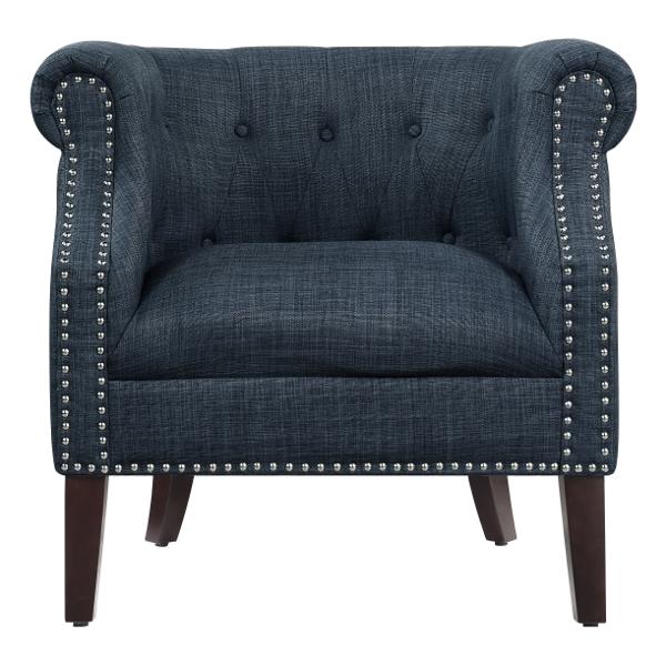 Karlock Accent Chair with Textured Indigo Fabric and Button-Tufted Back - Dark Brown Finish Wood Legs 
