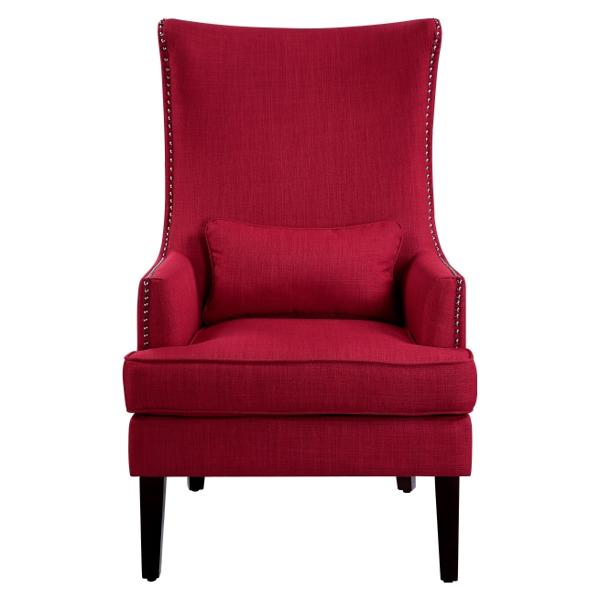 Avina Accent Chair with Solid Wood Frame - Textured Red Fabric Upholstery - Nailhead Trim and Brown Finish Legs 