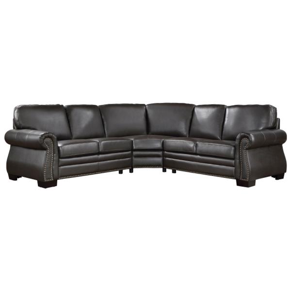 Wareham 3-Piece Sectional Sofa with Solid Wood Frame - 100% Top Grain Leather - Espresso Finish Feet - Nailhead Trim - Dark Brown 