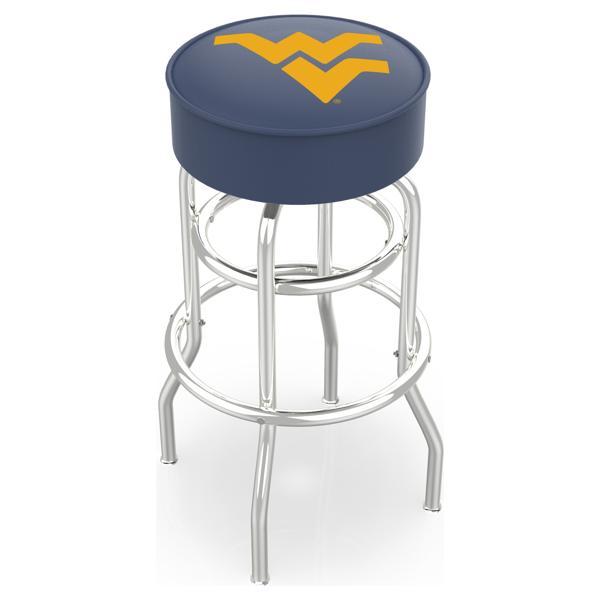 West Virginia University 30" Retro Backless Swivel Bar Stool - Chrome Double Rung Base - Commercial Grade Marine Vinyl 