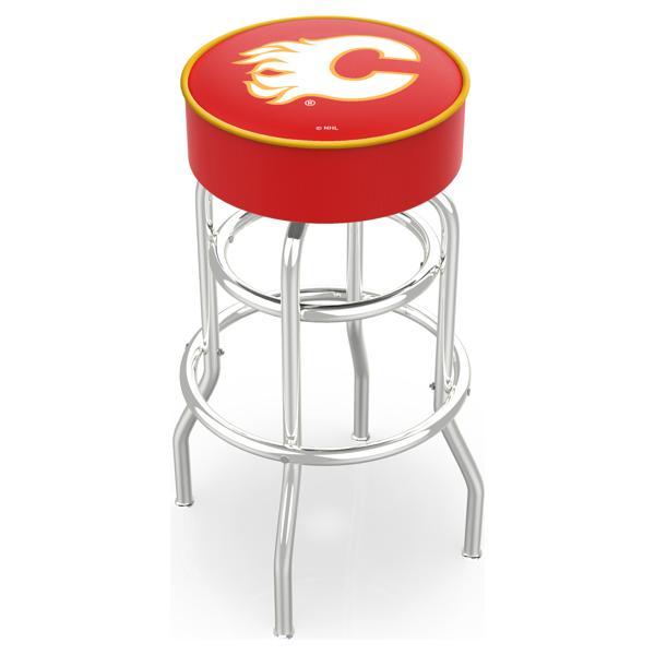 Calgary Flames 30" Retro Backless Swivel Bar Stool - Chrome Double Rung Base - Commercial Grade Marine Vinyl 