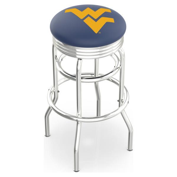 West Virginia University 25" Swivel Counter Stool - Chrome Double Rung Base - Commercial Grade Vinyl - Double Ring 