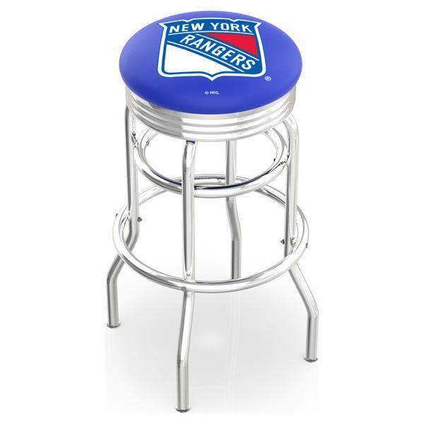 New York Rangers 25" Swivel Counter Stool - Chrome Double Rung Base - Commercial Grade Vinyl - Double Ring 