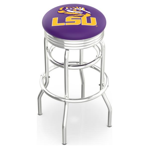 Louisiana State University 30" Swivel Bar Stool - Chrome Double Rung Base - Commercial Grade Marine Vinyl - Double Ring 