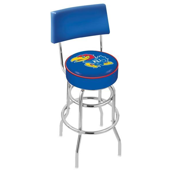 University of Kansas 30" Retro Swivel Counter Stool with Back - Chrome Double Rung Base - Commercial Grade Marine Vinyl 