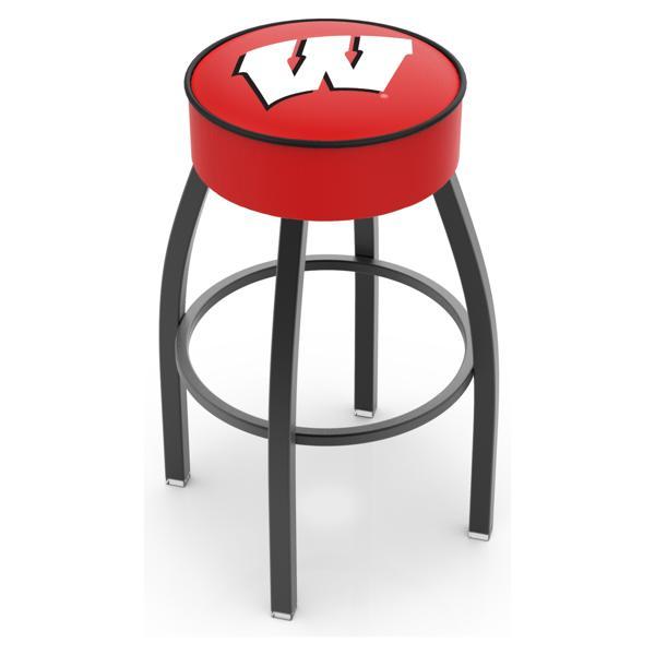 University of Wisconsin Swivel Counter Stool - 25" Seat Height - Black Wrinkle Steel Frame - Marine Vinyl Cushion - Style A - Logo 3 